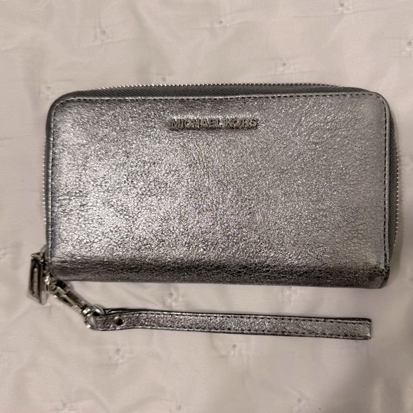 Michael Kors Metallic Silver Zip-Around Wallet with Wristlet - Picture 1 of 4